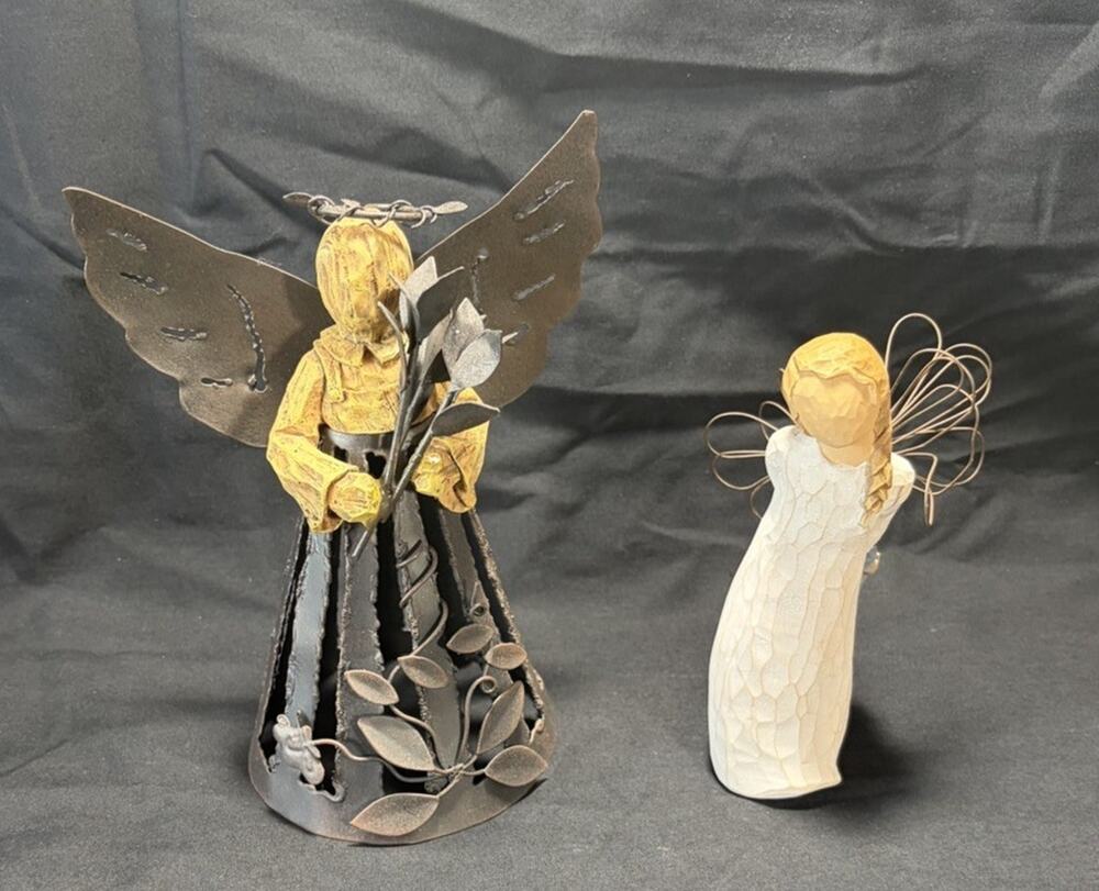 🚨 VINTAGE Set of 2 Metal & Wood Angel Figurines Decorations Art. 😇